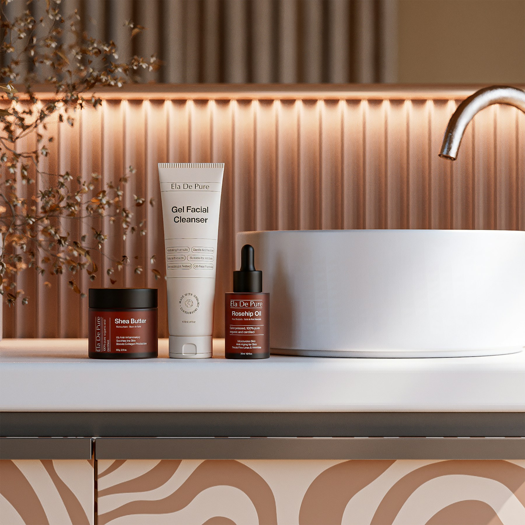 Real skincare containers arranged on a bathroom counter beside a mirror
